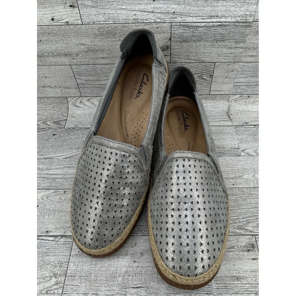 Clarks Collection Silver Metallic Perforated Espadrille Slip On Shoes Women 6.5M